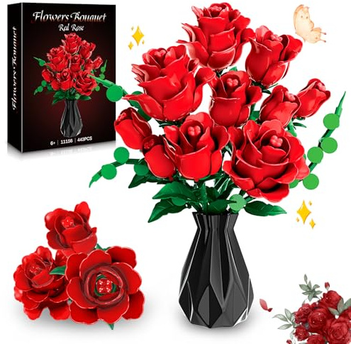 kiothdre Rot Rosenstrauß Bausatz, Gothic Künstlichen Rosen Set für Erwachsene, 443 Teile Rosenblumen Bouquet, Valentinstags Geburtstag Geschenk für Frauen