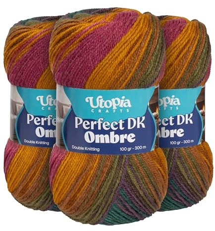 Utopia Crafts DK Wolle Ombre 3er Pack - 3x100g Weiches Acrylgarn, 900m Gesamt, Multicolor Farbverlauf zum Stricken und Häkeln, Oeko-Tex 100 Zertifiziert, Nadel 3,75-4,5mm (007)