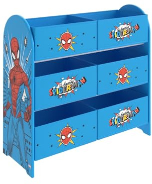 Disney Marvel Spider-Man Kids Toy Storage Unit with 6 Fabric Cube Boxes – 3 Tier Amazing Spider-Man Bedroom Organiser for Children, Officially Licensed Nursery Playroom Shelf for Toys, Books, Clothes