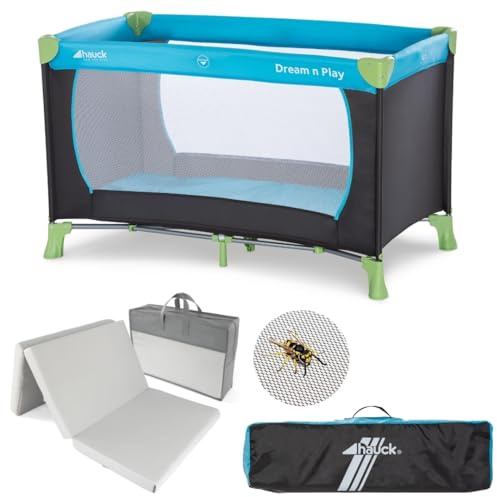 hauck Dream n Play Baby Reisebett Set - Waterblue | inkl. Matratze & Insektenschutz | faltbares Kinder Babyreisebett mit Tasche