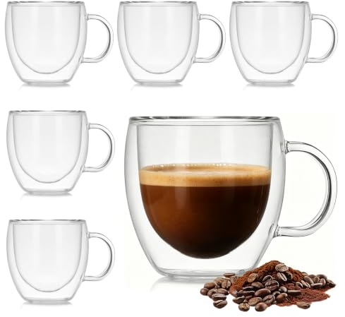 APLOS Espresso Gläser 6er Set,Espressotassen Mit Griff, 80ml, Isolierend | Doppelwandige Gläser,Schwebeeffekt, Eiskaffee Gläser,Eiskaffee Iced Americano Milch