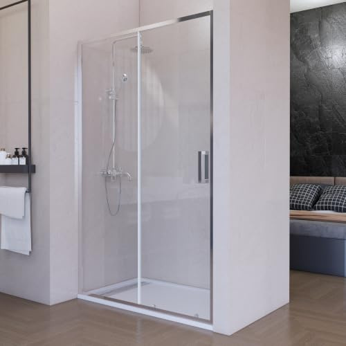 Mampara de ducha frontal corredera 100 cm 1 puerta + 1 fijo Plata cromo Cristal transparente 6 mm con perfil inferior 195 cm altura