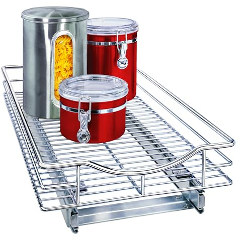 Lynk Professional Pull Out Under Cabinet Sliding Shelf, Metal, Chrome, 11 W x 18 D | 11W x 18D chrome rollout shelf creates easy-access storage for cookware, pantry items and kitchen essentials inside cabinets
