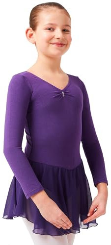 tanzmuster ® Ballettkleid Mädchen Langarm - Anna - aus weichem Baumwollstoff mit Glitzersteinen und Chiffon Röckchen fürs Kinder Ballett Ballettbody in lila, Größe:104/110