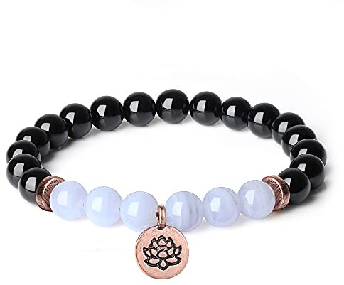 COAI Bracelet Femme Breloque d'Or Rose Tourmaline Noire Calcédoine Bleue Femme