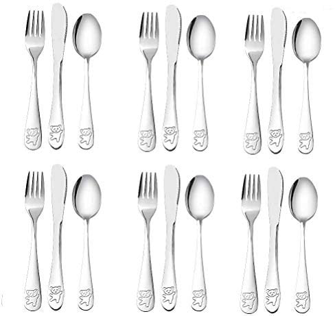pengxiaomei 18 Pcs Stainless Steel Kids’ Cutlery Set, Child and Toddler Safe Flatware/Utensils 6 x Forks, 6 x Safe dinnerknives, 6 x Dinner Spoons - Bear Engraved