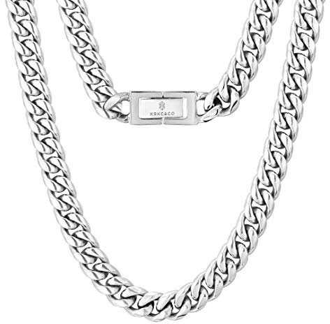KRKC&CO 10mm Panzerkette Weißgold beschichtet Cuban Link Chains Edelstahl Panzerkette kubanische Gliederkette für Herren Silbrige Halskette Hip Hop Halskette für Männer Jungen Größe 51cm
