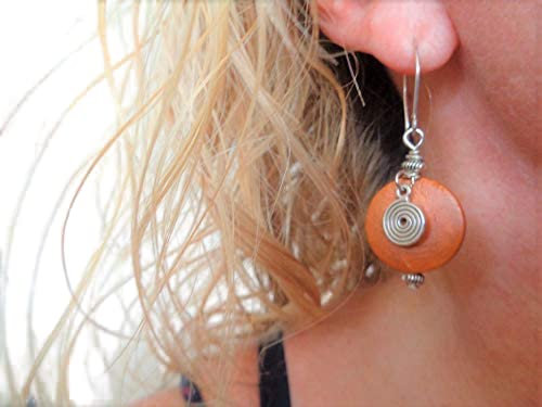 ✿ ORANGE SPIRAL OHRRINGE NATUR HOLZ OHRRINGE MIT SPIRALE ✿ EINMALIGE OHRRINGE an langen selbstgebogenen Haken