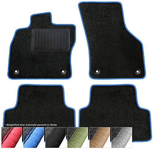moto-MOLTICO Fußmatten Auto - Velours Autoteppiche passend für Skoda Octavia iI, IV ab 2013-4-teiliges Set - Schwarze Automatten mit Blauen Ziernähten