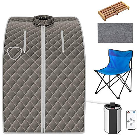 COSTWAY Sauna Cabine Pliable 1000W, 3L Sauna à Vapeur Portable avec Télécommande 9 Options de Minuterie Fonction de Vaporisation, Appareil à Vapeur Couvercle en Verre Trempé Anti-Explosion (Gris)
