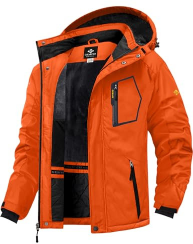 GEMYSE Herren wasserdichte Skijacke Winddichte Fleece Outdoor-Winterjacke mit Kapuze (Orange 02,L)