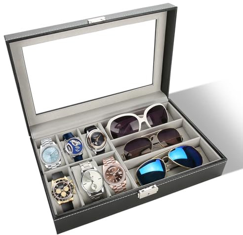 Brillenhalter Vitrine Box Uhrenbox Uhrenkasten Brillenbox mit 6 Uhrenkoffer und 3 Groß Sonnenbrillen Gitter Brillen Uhren Aufbewahrung Display Organizer PU Leder Schmuck -Boxen
