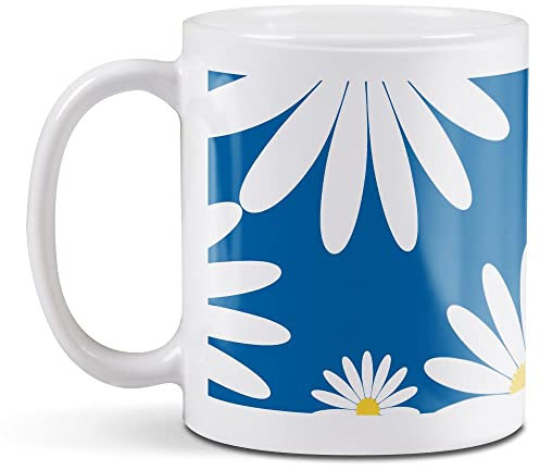 1 x 11oz (284ml) White Ceramic Mug Cup - Pretty Blue Daisy Flowers Design for Coffee Tea Drinks Kitchen Birthday Office Fun #2440