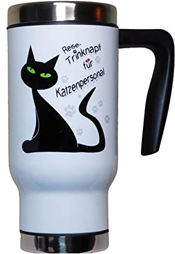 Fördeblau lustiger Thermobecher mit Katzen-Motiv und Spruch 'Reise Trinknapf für Katzenpersonal' Isolierbecher Thermotasse Reisebecher