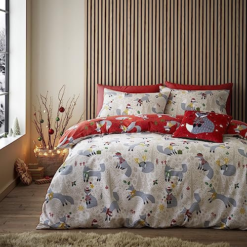 Fusion - Christmas Foraging Fox - Reversible Double Duvet Cover Set, Red/Natural