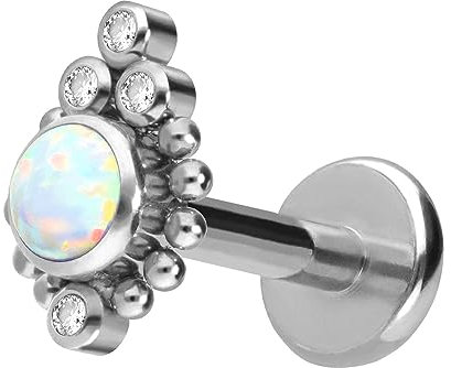 PIERCINGLINE Titan Labret mit Push Fit weißer SYNTHETISCHER OPAL + 4 KRISTALLE + KUGELN Piercing Ohr Helix Tragus Conch Silberfarben 1x5 mm