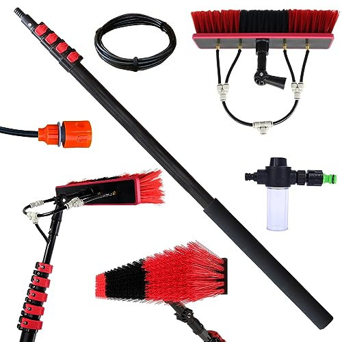 Perche Télescopique de Nettoyage,3.6m - 6m Toiture et Panneaux Solaires - Brosse Telescopique de Nettoyage, Kit professionnel avec Barre de Lavage à Pulvérisation d'eau (35cm Brush Head,4.6M)