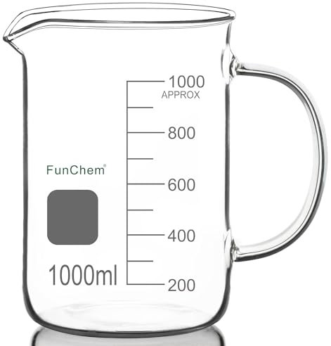 FunChem Beaker with Handle, 1000 ml Borosilicate Glass, Clear, Graduated, Low Shape, Beaker with Spout
