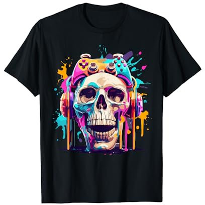 Paint Splatter Skull Video Game Controller Gamers Teen Boy T-Shirt