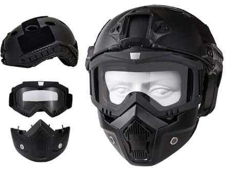 Airsoft Helm und Vollgesichts Maske, abnehmbare Airsoft Brille, Paintball PJ Fast Helm mit Front NVG Mount und Side Rail