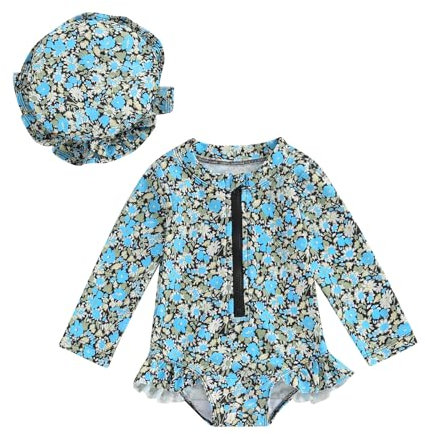HodJIU Maillot de Bain Bébé Fille 1 Pièce Combinaison Anti UV à Manches Longues Costume de Bain Piscine Natation + Chapeau de Soleil (Bleu Floral, 2-3 Ans)