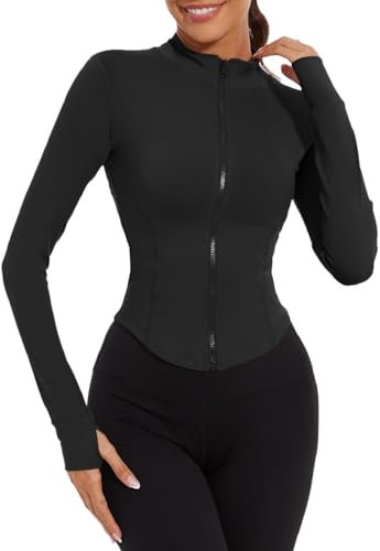 Joligiao Womens Running Jacket Slim Fit Long Sleeve Gym Wear Tops Zip Up Sports Jackets Lightweight Stretchy Breathable Activewear with Thumb Holes(Black,M)