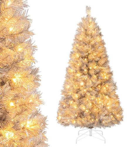 COSTWAY 5FT/6FT Pre-Lit Artificial Christmas Tree, Hinged Xmas Tree with 385/553 Branch Tips, 170/230 Warm White LED Lights and Silver Tinsel Leaves, Festive Celebration Tree for Home Office (5FT)