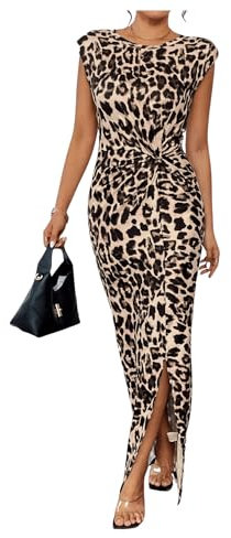 GORGLITTER Women's Leopard Twist Front Slit Pencil Dresses Cap Sleeve Crewneck Bodycon Maxi Dress Brown L