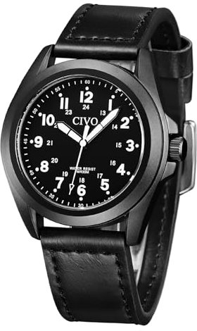 CIVO Uhren Herren Lederarmband Schwarz: Militär Analog Quarz Herrenuhr Militärzeit - Armbanduhr Herren Wasserdicht für Sport Outdoor
