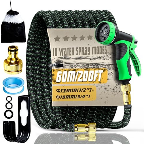 Flexibler Gartenschlauch 60M mit 10 Modi Wassersprühpistole, Wasserschlauch flexibel mit 3-Fach Latexkern inkl. Vollmessing Adapter für 1/2' 3/4' Zoll, Langlebig Gartenschlauch (G-60M)