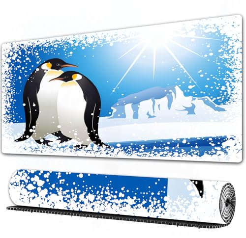 FEHWI Mauspad 80×30 cm Verlängertes großes Mauspad Schreibtischauflage,Winter, süße Pinguine auf Island in der Arktis, verschneit, gefrorenes Klim,genähte Kanten Gaming Mauspad,rutschfeste Gummibasis