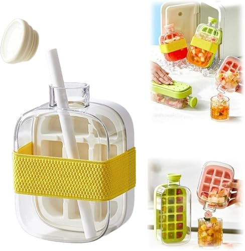 My Crush Cup Ice - 2 in 1 Touch-Free Ice Cube Tray Water Bottle with Lid and Bin, Ice Cube Making Bottle for Freezer, Portable Ice Maker for Home, Office, Travel, Gym & Outdoor (White-500ML)