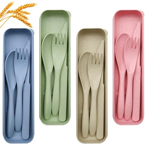 4 Set di Posate da Viaggio con Custodia Posate in Plastica Portatile Utensili da Viaggio con Custodia Set di Posate da Campeggio Coltello Cucchiaio e Forchetta per Picnic Viaggi Campeggio(4 Colori)