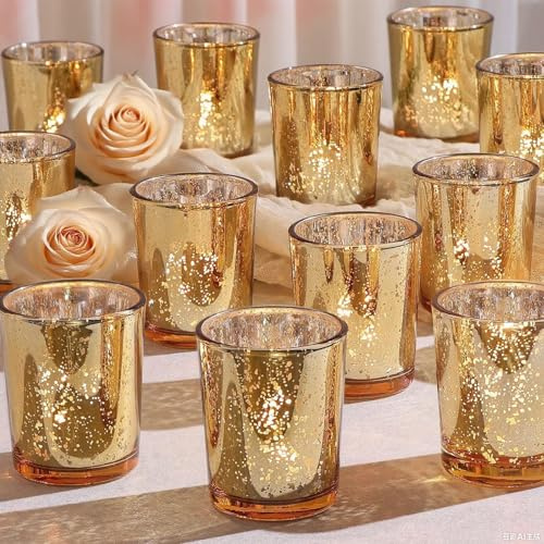 12pcs Candle Holders Votive, Glass Tea Light Holders Bulk for Weddings, Events, Table Centrepiece, Christmas, Valentine, and Party and Holiday Decorations (12, gold)
