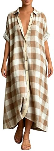 Robe Chemise Boutonnée Femme Chic Elégant Lin Coton Ete Décontractée Ample Tunique Manches Courtes Col V avec Boutons Revers Carreaux Longue Grandes Tailles pour Vacances De Plage