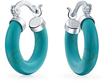 Mittel Size Enhanced Edelstein Blau Türkis Runde Tube Hoop Ohrringe Für Frauen Teen .925 Sterling Silber .75 Zoll Durchmesser