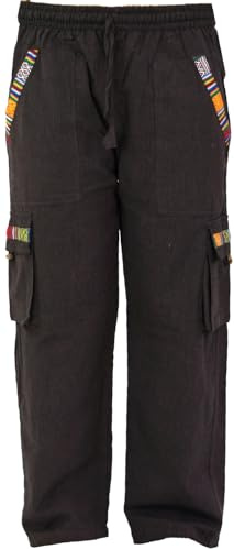 Yogahose, Goa Hose im Ethnostyle, 100% Baumwolle, Herren, schokobraun | elastischer Bund, traditionelle nepalesische Webbordüren, normaler Schnitt, leichte Qualität