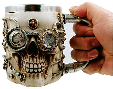 Skull Beer Coffee Mug, Viking Horn Drinking Horn Stainless Steel Cup, Steampunk Accessories for Men, Halloween Xmas Decor - 15 Oz