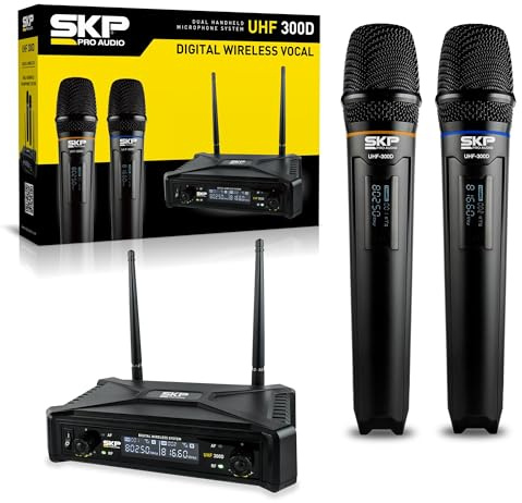 SKP Pro Audio UHF-300D Wireless Microphone System – Dual Handheld Cordless Mics with AA Batteries, 200ft Range, LCD Display, for Singing, Karaoke, Church, DJs, Stage Events - Dynamic mic