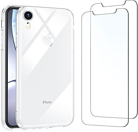 NEW'C Cover per iPhone XR Gel TPU in silicone custodia ultra trasparente e 2 × vetro temperato per iPhone XR, Pellicola proteggi schermo