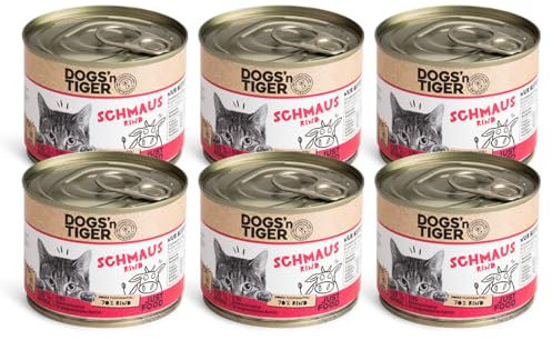 Dogs’n Tiger Adult Premium Nassfutter für Katzen, Schmaus, Katzen Nassfutter, tiergerechte Rezeptur mit 70% Fleischanteil an Rind – ohne Zucker, Getreide & künstliche Aromen, 6X 200g