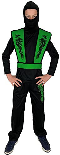 Foxxeo grünes Ninja Kostüm für Jungen - GröÃŸe 110-152 - grüner Ninja Kämpfer für Kinder Fasching Karneval, GröÃŸe:146/152