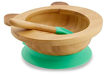 BIOZOYG Bambusschalen-Set Panda I Saugnapf-Schüssel mit Löffel - FSC-zertifiziert I tolles Bambus Holz-Schüssel-Set f. Kinder - Baby-Brei-Schüssel & Müslischale I Baby Bambus-Geschirr grün
