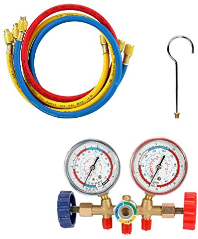 Kältemittel-Klimaanlagen-Werkzeuge AC-Diagnose-Verteiler-Messgerät-Set mit Schlauch und Haken-Kit für A/C-Autos, Nutzfahrzeuge und Haushaltsautos sowie Haushaltsklima- und Kühlsysteme