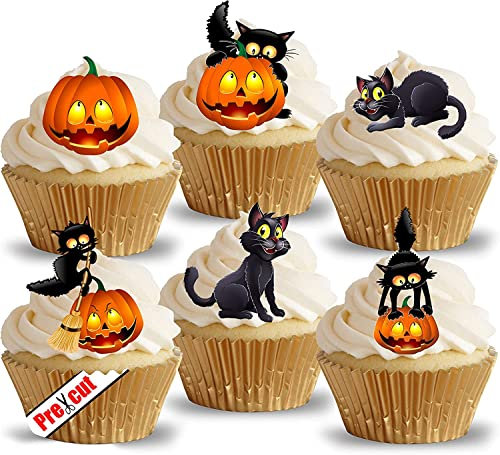 Anglesit 24 x Pre-Cut Cat & Pumpkin Edible Rice/Wafer Paper Cupcake Cake Toppers Halloween Party Birthday Decorations