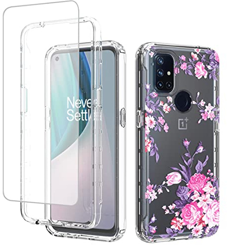 Yerebel Handyhülle für OnePlus Nord N10 5G Case, OnePlus N10 5G BE2029 Hülle mit gehärtetem Glas Displayschutz, Blumenmuster Stoßfeste Stoßstange Vollkörper Schutzhülle für OnePlus Nord N10 5G Rosen