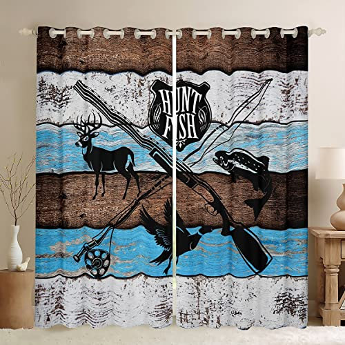 Castle Fairy Fenstervorhänge mit Hirsch-, Vogel-, Fisch-, Tier-, Jagd-, Fisch-Thema, Heimdekoration, Vorhänge, rustikales blaues Holzbrett, langlebige Fenstervorhänge für Kinder, Geschenke, 2 Paneele,