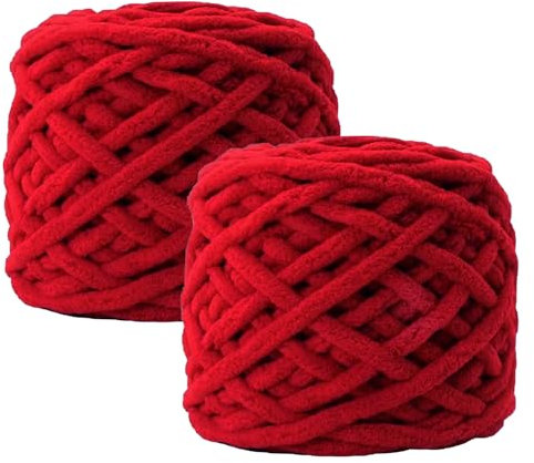 Maxee Chenille Wolle Garn 180 g(90 g*2), ca.130 m, Super Soft Knitting, Chunky Grobstrick Weiches Wollgarn zum Häkeln, Chenille zum Weben von Schals, Mützen, Decken, Zierkissen-24 Zwei rote