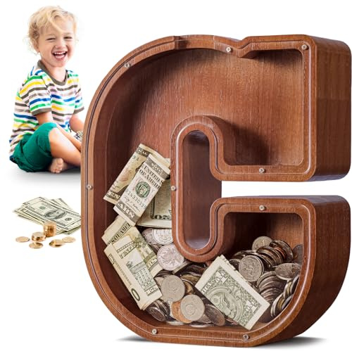 Summidate Hucha Grande de 12 Pulgadas Letra y Formas de Animales - Hucha de Madera Gruesa y Estable, Hucha Transparente Gran Capacidad para Monedas y Billetes, Regalo de Nacimiento