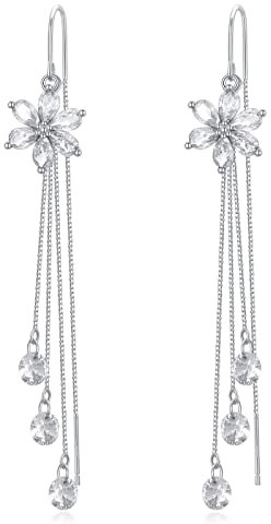 VONALA Blume Lange Durchzieher Weiß Threader Ohrringe 925 Sterling Silber Tropfen Fallen Einfädel Ohrringe für Damen Geburtstag Geschenk